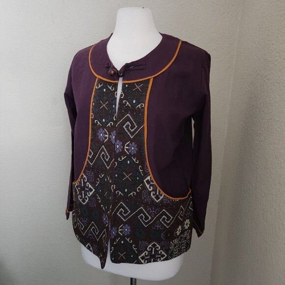 Asian Art to Wear Woven Jacket Women's Large Embroidery Purple Wooden Button - Picture 3 of 12